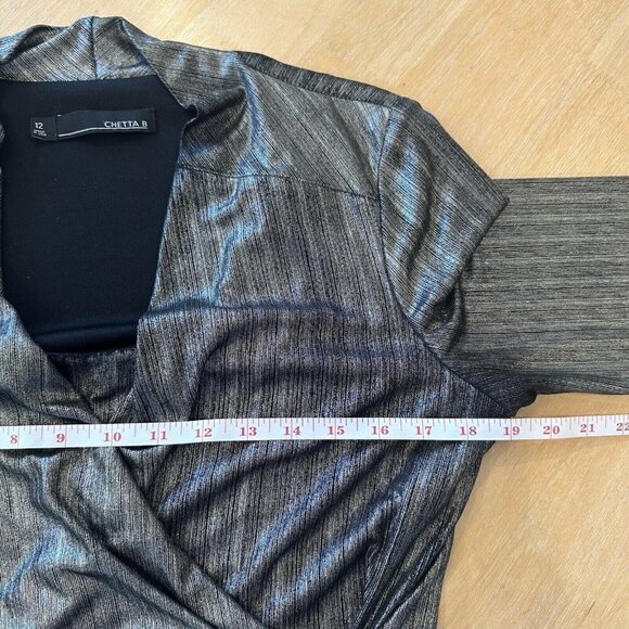 Chetta B Metallic Gold Black Stretch Long Sleeve Front Faux Wrap Top Blouse 12 - Picture 10 of 11